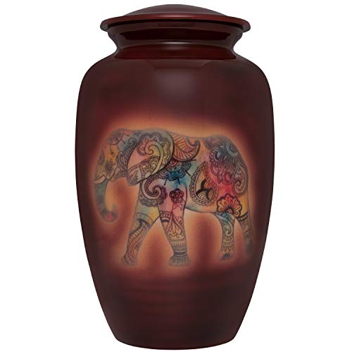 Brown funeral urn with Spiritual Indian Elephant - Cremation Urn for Human Ashes - Hand Made in Aluminum -Suitable for Cemetery Burial or Niche - Large Size fits remains of Adults up to 200 lbs - color: Elephant Brown
