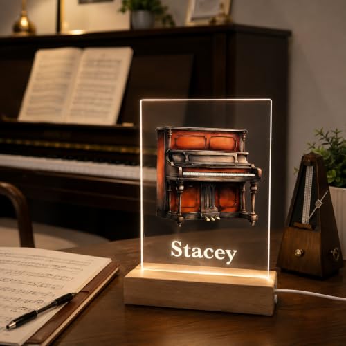 Personalized Piano LED Night Light, Custom Piano Lamp with Name, Music Room Decor, Piano Teacher Gift, Pianist Gift, Keyboard Player Gift, Wood Base Acrylic Desk Lamp for Kids, Teens & Adults