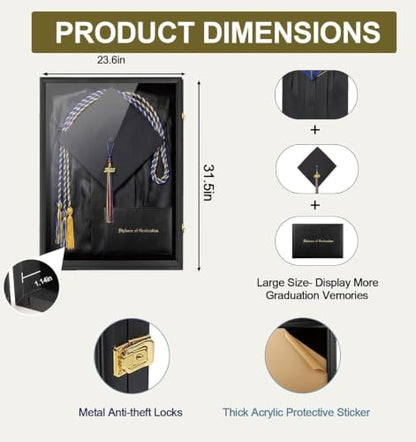 IHEIPYE Large Black Graduation Shadow Box Frame, Keepsake Display Case | Wall Mounted Lockable, UV-Protective Door, Holds Cap, Gown, Diploma, Tassel, Medals & All Graduation Memorabilia - size: Large-Black-1Pack