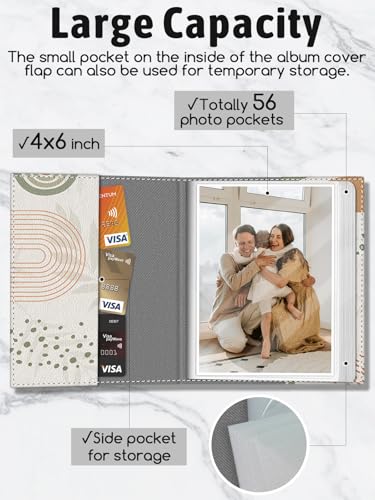 Photo Album 4x6, 56 Pocket Small Picture Book Abstract Leaves Sun | Mini Cute, Postcard Vacation Travel Wedding Graduation, PU Leather Family Grandma Child Mom Gift, Personalized Large Capacity - color: Abstract Leaves Sun