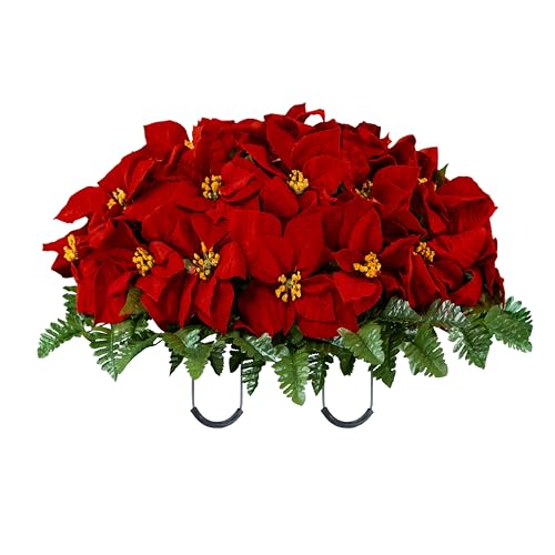 Sympathy Silks Artificial Cemetery Flowers - Winter Memorial Flowers - Christmas Poinsettias - Red Poinsettias Saddle for Headstone - color: Red, size: (1) Saddle
