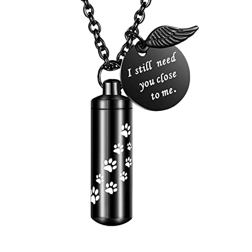 Dletay Cylinder Cremation Jewelry Urn Necklace for Ashes Memorial Ashes Necklace with Angel Wing Charm Memorial Keepsake for Pet Human-I Still Need You Close to Me - color: Paw Black-M