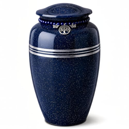 Blue Urn for Human Ashes Adult 220 lbs Metal Cremation Urns Men & Women | Tree of Life & Butterfly Charm, Speckled Navy Blue Color, Solid Metal Build, Threaded Lid, Velvet Bag, For Male & Female - color: Blue