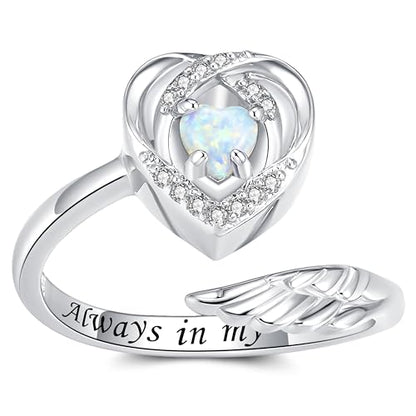 Sterling Silver Urn Rings for Ashes for Women: Angel Wing Opal Cremation Jewelry Rings for Ashes of Loved Ones - Cat Dog Memorial Keepsake Open Adjustable Ring Jewelry for Women - style: heart urn ring
