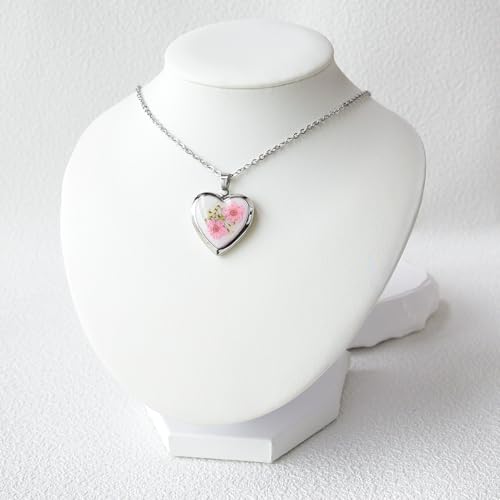 Heart Locket Necklace That Holds Pictures Pressed Flower Photo Locket Pendant Necklace for Girl Women Gift for Her - style: forget me not pink-silver