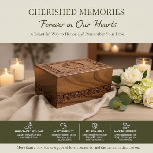 Leaf Border Wooden Urn Box for Human Ashes, Cremation Funeral Urns, Decorative Urn, Pet Memorial Box, Cat Infant Adult Urn, Burial Ash Keepsake - Medium - size: Medium