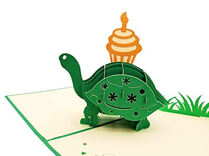 iGifts And Cards Happy Birthday Turtle 3D Pop-Up Card – Slow Smiles 5"x7" | Belated Tortoise With Cupcake, Cake & Candle, Animal Theme, Late Celebration, Playful Surprise, Friend, Boss, Daughter, Son - color: Turtle Cupcake