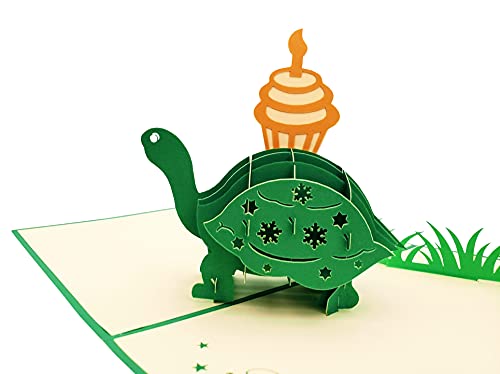 iGifts And Cards Happy Birthday Turtle 3D Pop-Up Card – Slow Smiles 5"x7" | Belated Tortoise With Cupcake, Cake & Candle, Animal Theme, Late Celebration, Playful Surprise, Friend, Boss, Daughter, Son - color: Turtle Cupcake