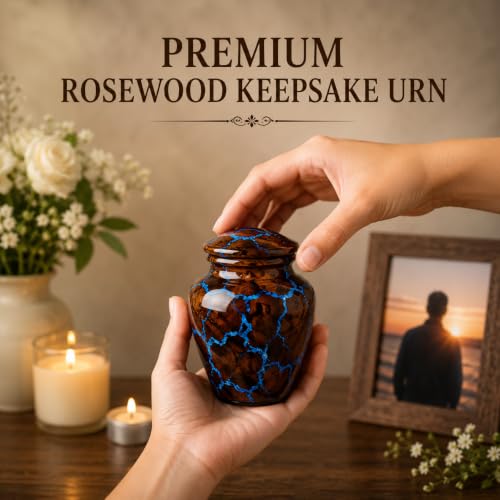 Small Cremation Urn for Human Ashes Adult - Keepsake Memorial & Funeral Urn for Mom, Dad | Premium Mini Rosewood Urn - Blue Resin Inlay | Sharing Urn for Men & Women, Pet Urn for Dog & cat - 20 CU/in - size: SMALL 20 Cu