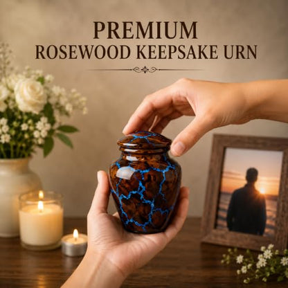 Small Cremation Urn for Human Ashes Adult - Keepsake Memorial & Funeral Urn for Mom, Dad | Premium Mini Rosewood Urn - Blue Resin Inlay | Sharing Urn for Men & Women, Pet Urn for Dog & cat - 20 CU/in - size: SMALL 20 Cu