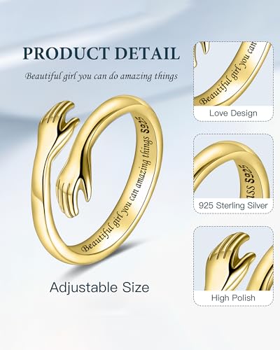 LOVECOM S925 Sterling Silver Hug Rings for Women Teen Girls Mother Daughter - color: Gold-Beautiful g@rl you can do amazing things, size: US Size 8