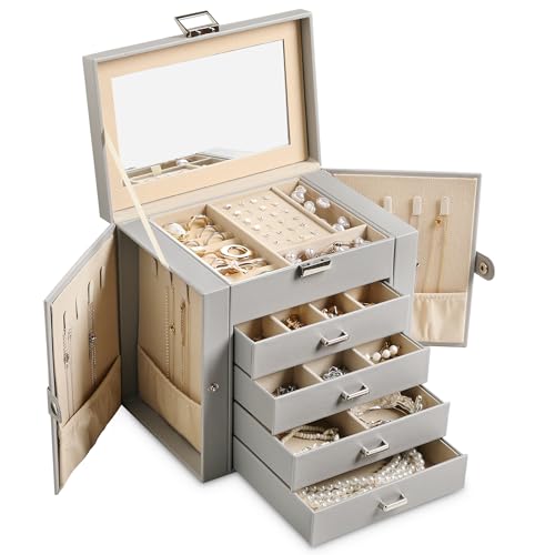 5-Layer Jewelry Box for Women,Jewelry Organizer with 4 Drawers | Faux Leather,Built-in Mirror,Spacious Jewelry Storage,16 Necklace Hooks,Organizing by Category for Rings Earrings Bracelet - color: Grey, size: Medium