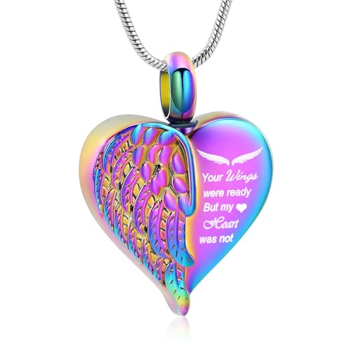 Love Heart Cremation Jewelry Urn Necklaces Wing Urn Necklaces for Ashes Memorial Keepsake Pendant for Women Men Gifts With Funnel Kit & Bag - color: Rainbow