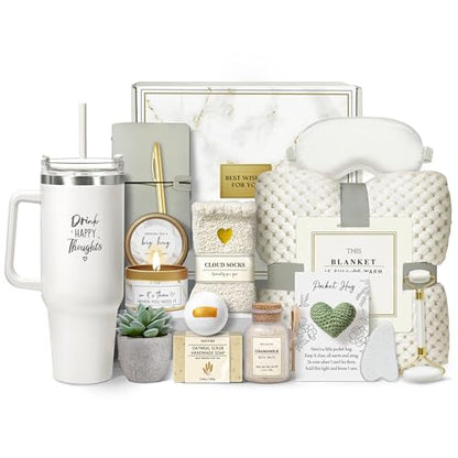 Self Care Gifts for Women, 16PC Get Well Soon Gift Baskets for Women After Surgery, Mothers Day Birthday Gifts Spa Care Package w/ Flannel Blanket, Sympathy Inspirational Thinking of You Gift Baskets - color: Beige