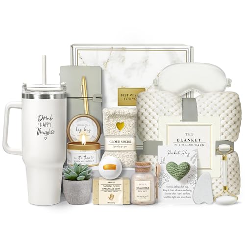 Self Care Gifts for Women, 16PC Get Well Soon Gift Baskets for Women After Surgery, Mothers Day Birthday Gifts Spa Care Package w/ Flannel Blanket, Sympathy Inspirational Thinking of You Gift Baskets - color: Beige