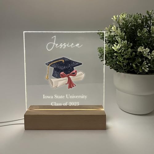 Let's Make Memories Personalized Graduation Frame Celebrate Class Customize Name & Year Night Light Lamp Wood Base LED Desk Stand Plaque Plate Display Graduating High School University Graduate Gift