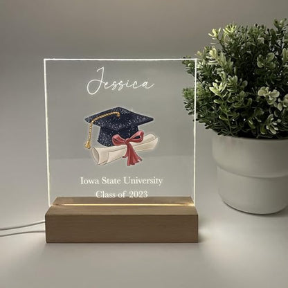 Let's Make Memories Personalized Graduation Frame Celebrate Class Customize Name & Year Night Light Lamp Wood Base LED Desk Stand Plaque Plate Display Graduating High School University Graduate Gift