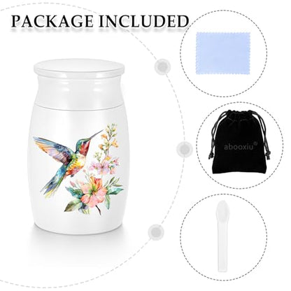 Abooxiu Small Hummingbird Mini Aluminum Memorial Urn - White, Green Pattern - 3 Inches Tall - Human Ashes Keepsake - Secure Threaded Lid - Elegant & Exquisite Craftsmanship - Decorative Urn for Adults