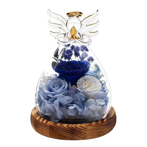 Angel Rose Figurine with LED Lights - Real Preserved Eternal Rose in Glass Dome, Forever Flowers Gift for Women, Birthday Valentine's Wedding - color: Cobalt Velvet Rose