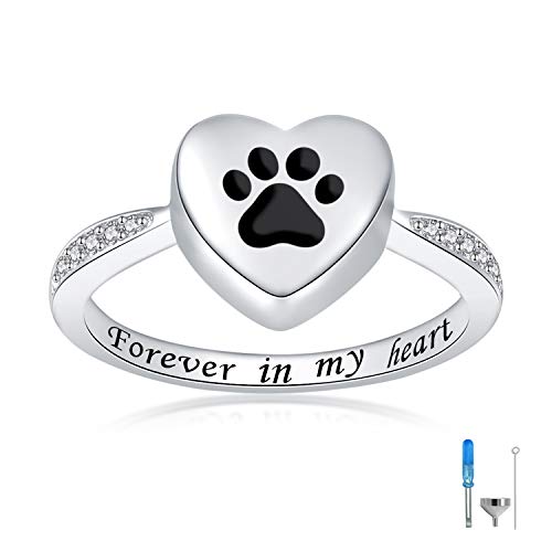 925 Sterling Silver Love Heart Urn Ring for pet Dog Cat's Ashes Keepsake Memorial Tiny Jewelry Forever in My Heart Paw Print Cremation Finger Rings - color: black