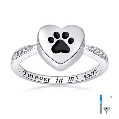 925 Sterling Silver Love Heart Urn Ring for pet Dog Cat's Ashes Keepsake Memorial Tiny Jewelry Forever in My Heart Paw Print Cremation Finger Rings - color: black