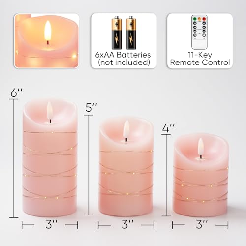 Homemory Flameless Candles with String Lights, 3 Pack Embedded Fairy String Lights LED Candles, Electric Flickering Candles with Remote Control and Timer, Real Wax, Pink - color: Pink