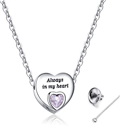 Heart Urn Necklaces for Ashes Birthstone Ashes Necklace Always in My Heart Cremation Jewelry Keepsake Memorial Necklace - color: February