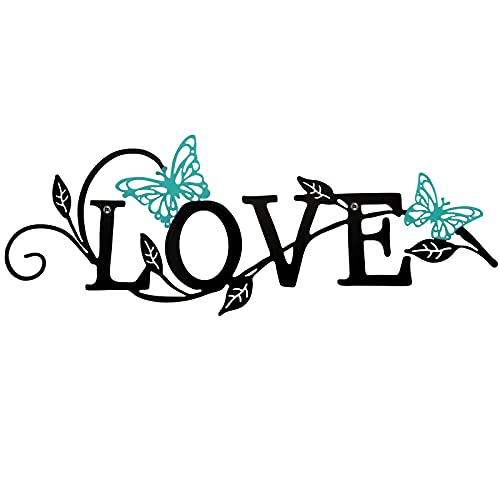 Metal Butterfly Love Sign Wall Decor Metal Black Love Word Sign Rustic Home Letter Ornament Cutout Teal Bedroom Decor for Home Office Living Room Hanging Wall Decorations 14 x 5 Inch