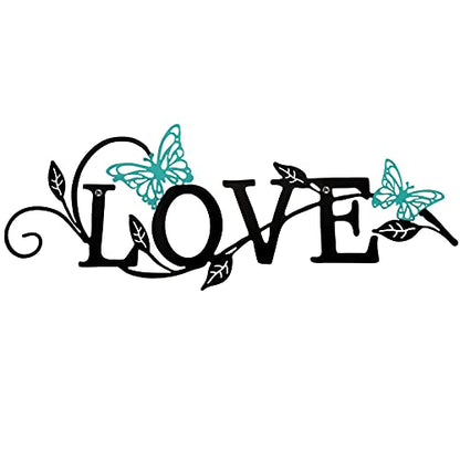 Metal Butterfly Love Sign Wall Decor Metal Black Love Word Sign Rustic Home Letter Ornament Cutout Teal Bedroom Decor for Home Office Living Room Hanging Wall Decorations 14 x 5 Inch