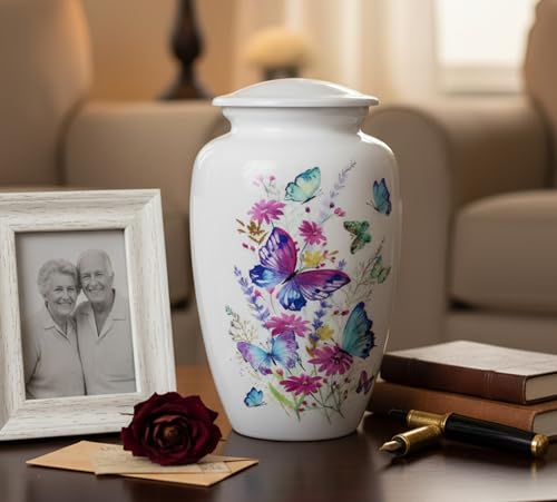 eSplanade Metal Cremation Urn Memorial Jar Pot Container | Full Size Urn for Funeral Ashes Burial | Colorful Butterflies Print | White - 10" Inches
