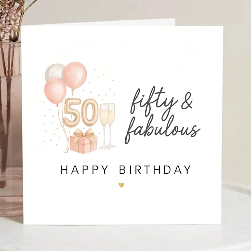 TEEMI-40th 50th 60th Birthday Card for Women - Fabulous Birthday Greeting Card with Envelope, Rose Gold Balloons Champagne Design, 300gsm Premium Cardstock, Blank Inside for Mom Sister Friend Wife (50th) - color: 50th