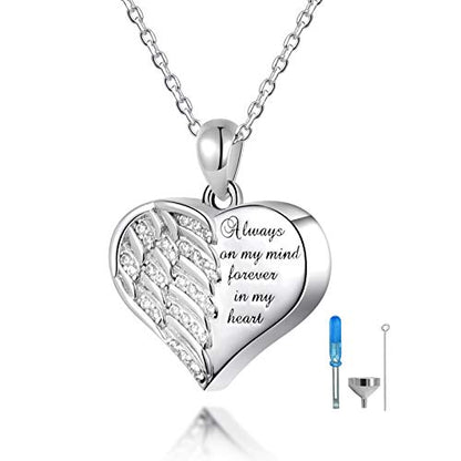 925 Sterling Silver Angel Wing Heart Cremation Urn Necklace Ring Set（#10）