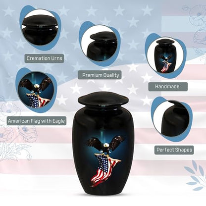 American Flag Eagle Cremation Urns for Human Ashes Adult Male & Female, Patriotic Urns for Funeral Burial Urns Adult Large Upto 200lbs | 200 Cu In (Up to 200 lbs), Hand-Finished Aluminum, Secure Threaded Lid, For Veterans and Service Members - color: Amer