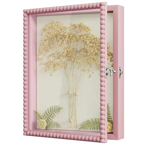Love-KANKEI Deep Shadow Box Frame 11x14,Unique Solid Wood Beads Frame,Pink | Front-Opening Glass Door，Metal Latch-Lock,Assembly-Free,Tabletop & Wall-Mount,Memory Box,Gift,Display Photos,Awards,Medals - color: Pink, size: 11x14