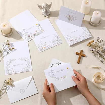 Fumete 50 Set Funeral Thank You Cards, Watercolor Wildflowers | with Envelopes and Sticker Thank You Sympathy Card with Message Bereavement for Funeral Family Loved Ones Celebration of Life - style: Watercolor Wildflowers