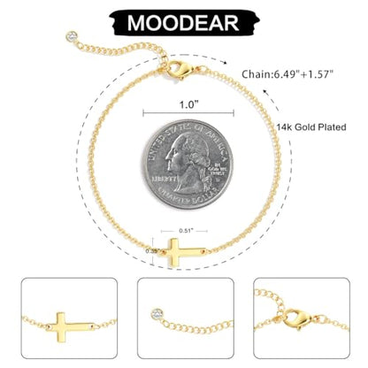 Moodear Cross Bracelet for Women, Dainty Sterling Silver/Gold Plated Gift | Christian Religious Gifts for Teen, Stocking Stuffers, Adjustable Link Bracelets, Sparkling CZ Cross, Non Tarnish Jewelry - color: Gold Cross Bracelet
