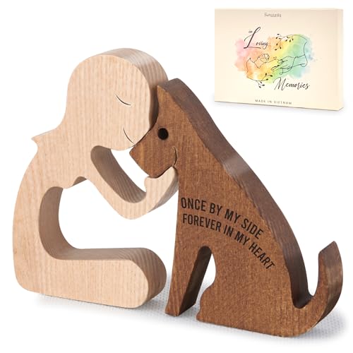 SENSUNIQ Dog Memorial Gifts, Handcrafted Wooden Carving Men and Pet Figura, Once by My Side Forever in My Heart, Sympathy Keepsake for Loss of Pet (Woman with Dog) - color: Woman With Dog