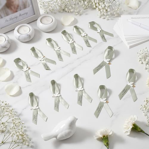 Geosar 100 Pcs Dove Funeral Memorial Ribbons Pins Memorial Service Respect Funeral Personalized Ribbon Bow with Safety Pins and White Dove for Mourning Mental Health Awareness Month Gifts(Sage Green) - color: Sage Green, style: Pigeon
