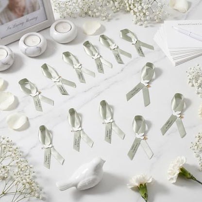 Geosar 100 Pcs Dove Funeral Memorial Ribbons Pins Memorial Service Respect Funeral Personalized Ribbon Bow with Safety Pins and White Dove for Mourning Mental Health Awareness Month Gifts(Sage Green) - color: Sage Green, style: Pigeon