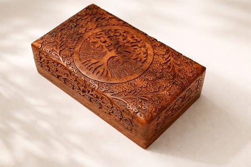 India House-Hand Engraved TREE OF LIFE Wooden Box Keepsake Jewelry Organizer &Storage (Design 13) - color: Design 13