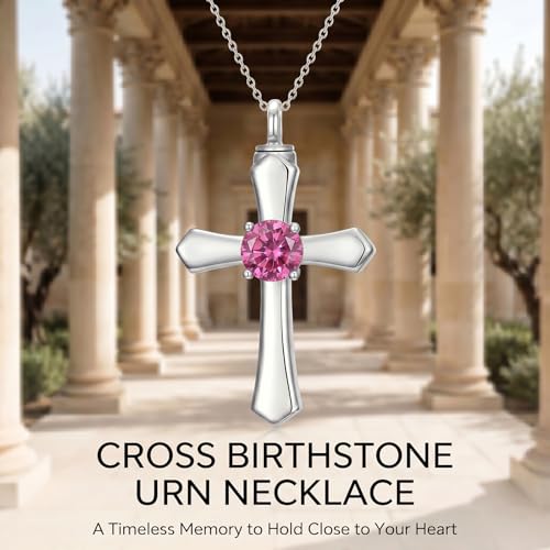 YYB Urn Necklace for Ashes Women Heart Birthstone Cross Cremation Jewelry | Memorial Keepsake Funeral Jewelry for Loved Ones (with Funnel Filler) - color: 10--Pink Tourmaline October
