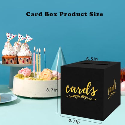 sunepany Black and Gold Gift Card Box for Party Wedding Funeral Birthday Bridal & Baby Shower Retirements Anniversaries, Graduation Card Holder Cardboard Raffle Ticket Voting Ballot with Slot