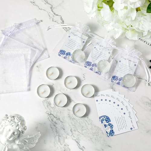Coume 50 Set Funeral Party Favors Memorial White Candles Unscented Funeral Gifts Tealight Candles with Condolence Bereavement Cards, Organza Bags for Guest Celebration of Life Decorations (Melancholy) - style: Melancholy