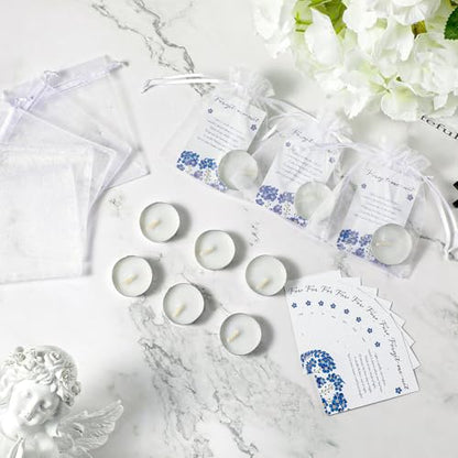 Coume 50 Set Funeral Party Favors Memorial White Candles Unscented Funeral Gifts Tealight Candles with Condolence Bereavement Cards, Organza Bags for Guest Celebration of Life Decorations (Melancholy) - style: Melancholy