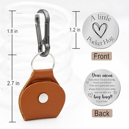 Pocket Hug Token Double Sided Engraved Inspirational Gift Leather Keychain Keepsake for MenWomen - color: Dear Mom