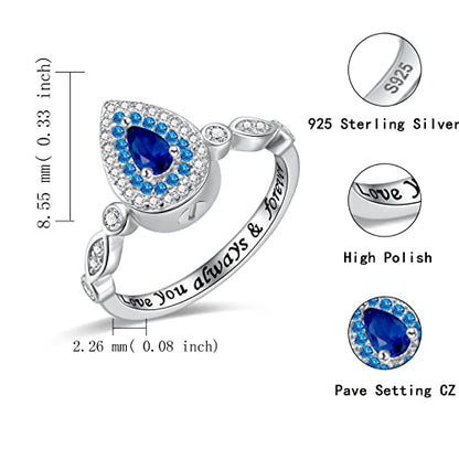 Sariel Teardrop Cremation Ring for Ashes - 925 Sterling Silver Urn Keepake Rings Memorial Jewelry for Women - color: Blue