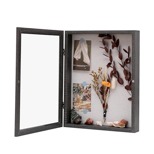 11x14 Shadow Box Frame with Linen Back, Wood Glass Display Case for Medals, Photos, Memorabilia, Awards - Pins Included- Charcoal - color: Charcoal, size: 11x14