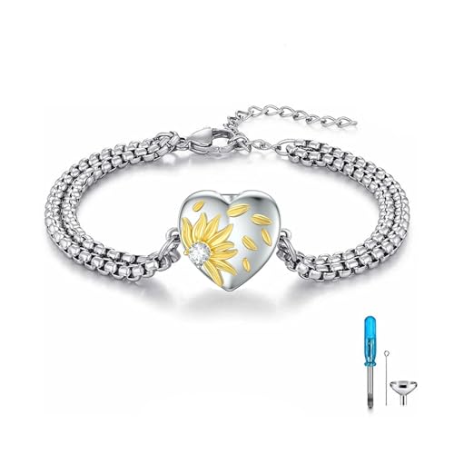 Urn Bracelet for Ashes Compass/Mountain/Sunflower/Volleyball Cremation Jewelry for Women Men - color: Sunflower