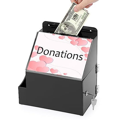 BTSKY Acrylic Suggestion Box with Lock & 5"x7" Sign Slot, Side-Pocket,Black | Wall Mounted Donation Box Office Ballot Boxes Collection Comment Boxes for Voting Fundraising, Locking Suggestion Mailbox