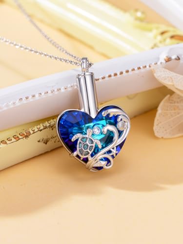 TOUPOP Sterling Silver Urn Necklace for Ashes with Crystal Memorial Keepsake Dragonfly/Butterfly/Cardinal/Cat/Dolphin Cremeation Jewelry Birthday Mothers Day Christmas Gifts for Her Women - style: Sea Turtle